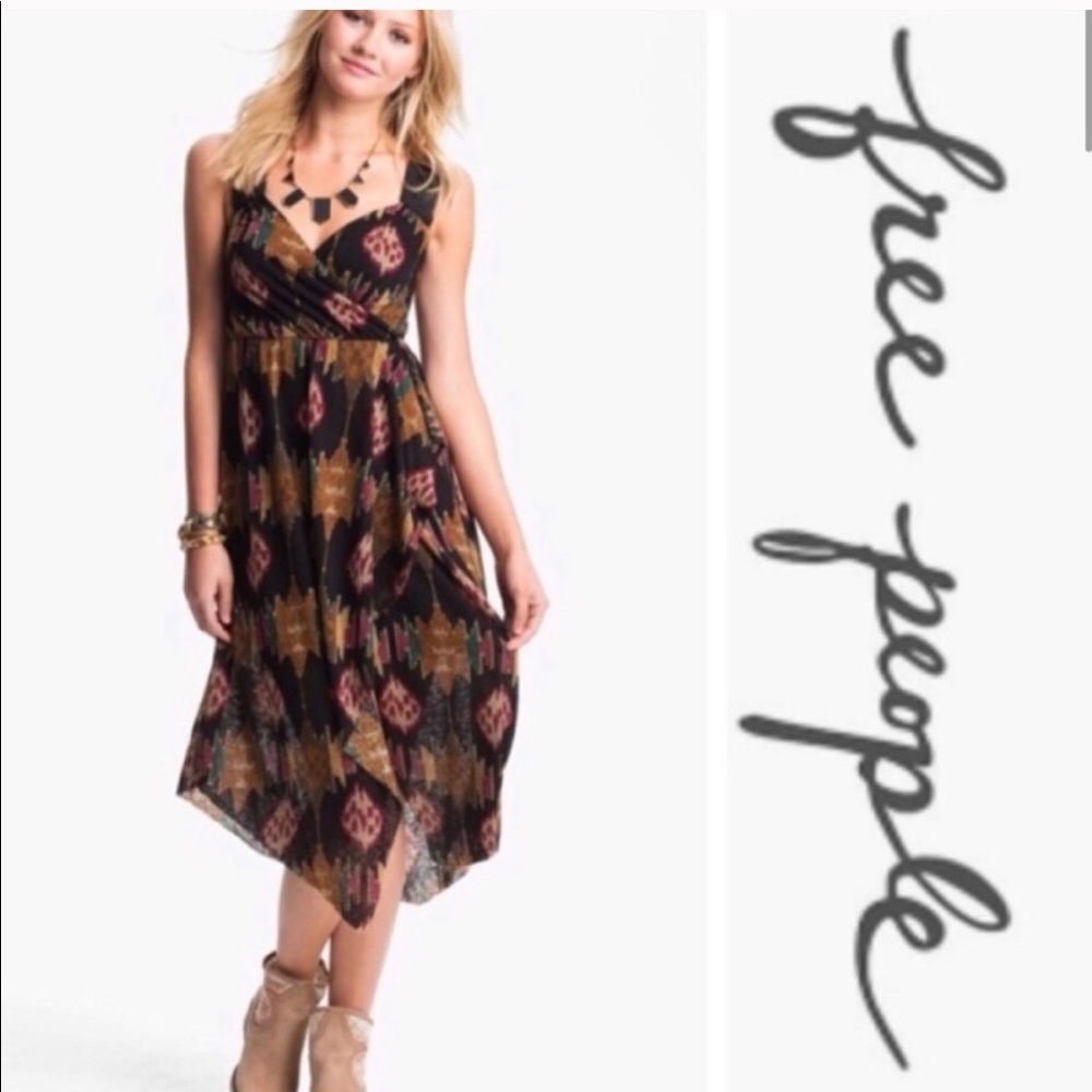 FREE PEOPLE DRESS tribal print midi faux wrap IKAT cottagecore all wrapped up - Picture 2 of 6